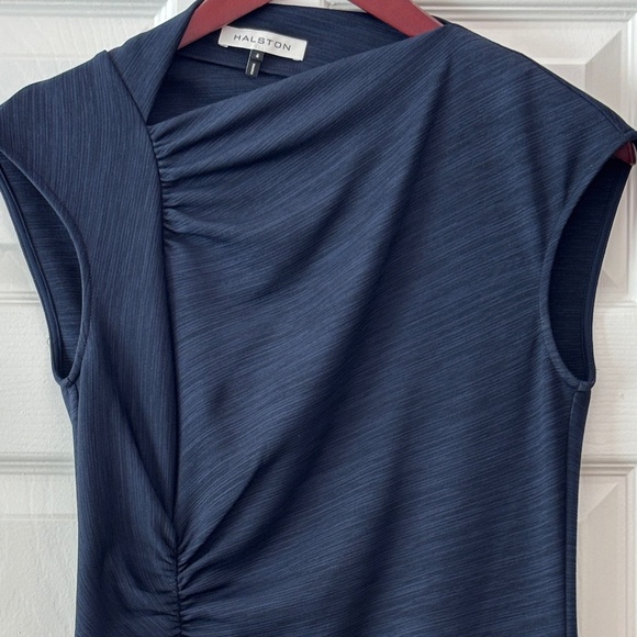 Halston Side-ruched Asymmetric Neckline Midi Dress - Navy Blue Size 4 - Picture 5 of 10